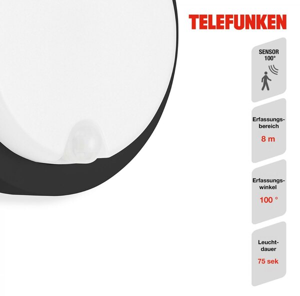 BRILONER TELEFUNKEN LED venkovní nástěnné svítidlo s čidlem, pr. 17 cm, 12 W, černá TF 315305TF