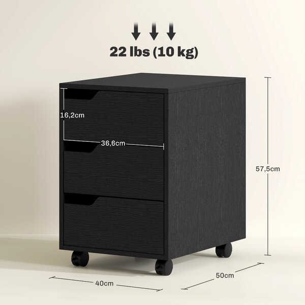 HOMCOM Kancelářská zásuvková jednotka na kolečkách, skříňka na dokumenty se 3 zásuvkami, organizér na stůl 40x50x57,5 cm, černá | Aosom