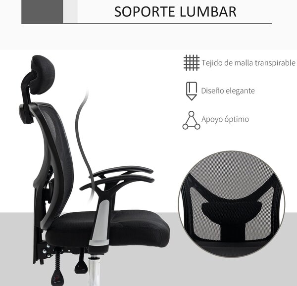 Ergonomická kancelářská židle Vinsetto s mřížkovým potahem, nastavitelnou výškou, sklopnou funkcí, nastavitelnou opěrkou hlavy a bederní oporou 62x67x