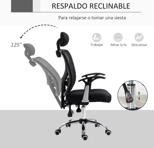 Ergonomická kancelářská židle Vinsetto s mřížkovým potahem, nastavitelnou výškou, sklopnou funkcí, nastavitelnou opěrkou hlavy a bederní oporou 62x67x