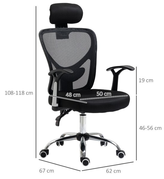 Ergonomická kancelářská židle Vinsetto s mřížkovým potahem, nastavitelnou výškou, sklopnou funkcí, nastavitelnou opěrkou hlavy a bederní oporou 62x67x