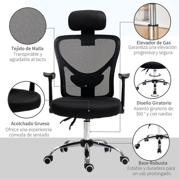 Ergonomická kancelářská židle Vinsetto s mřížkovým potahem, nastavitelnou výškou, sklopnou funkcí, nastavitelnou opěrkou hlavy a bederní oporou 62x67x