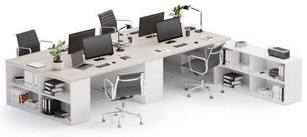 Kancelářská sestava stolů BLOCK B05, 4 místa s úložným prostorem, 360x320 cm, bílá/dub přírodní