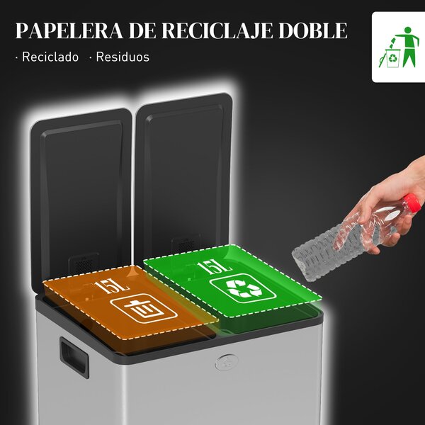 HOMCOM Kuchyňský Odpadkový Koš s 2 Přihrádkami 2x15L Nerezová Ocel s Pedály, Tichá Víka a Odnímatelné Vložky pro Recyklaci Zbytků Potravin Stříbrný |