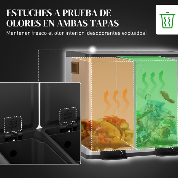 HOMCOM Kuchyňský Odpadkový Koš s 2 Přihrádkami 2x15L Nerezová Ocel s Pedály, Tichá Víka a Odnímatelné Vložky pro Recyklaci Zbytků Potravin Stříbrný |