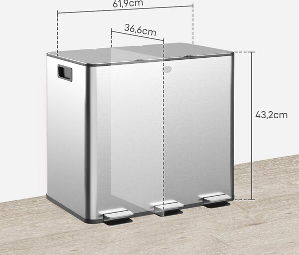 HOMCOM Kuchyňský Odpadkový Koš s 3 Přihrádkami 3x15L Nerezová Ocel s Měkkým Uzavíráním a Odnímatelnými Přihrádkami pro Recyklaci Odpadu | Aosom