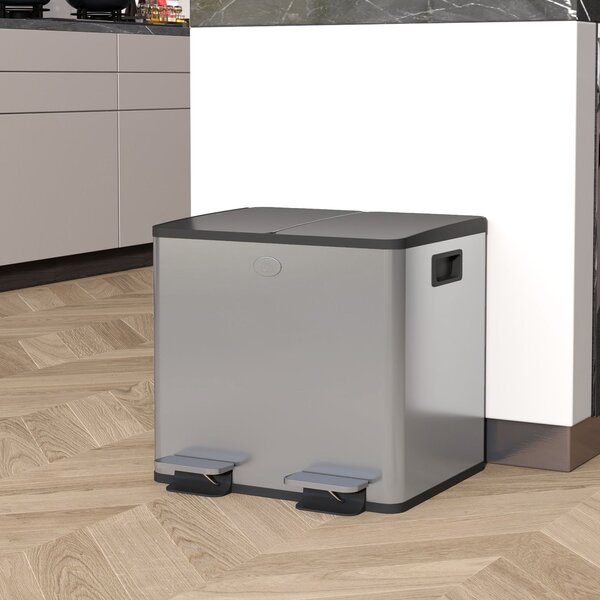 HOMCOM Kuchyňský Odpadkový Koš s 2 Přihrádkami 2x15L Nerezová Ocel s Pedály, Tichá Víka a Odnímatelné Vložky pro Recyklaci Zbytků Potravin Stříbrný |