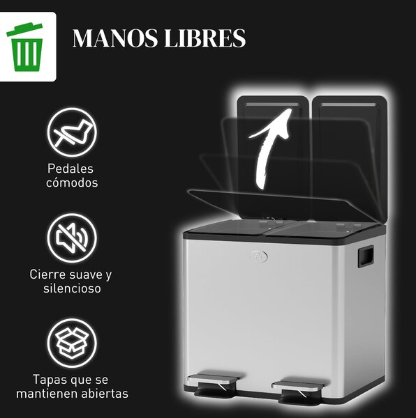HOMCOM Kuchyňský Odpadkový Koš s 2 Přihrádkami 2x15L Nerezová Ocel s Pedály, Tichá Víka a Odnímatelné Vložky pro Recyklaci Zbytků Potravin Stříbrný |
