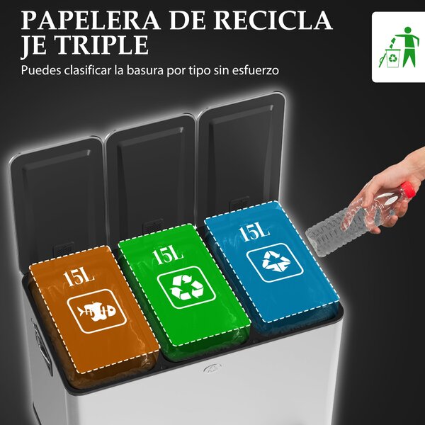 HOMCOM Kuchyňský Odpadkový Koš s 3 Přihrádkami 3x15L Nerezová Ocel s Měkkým Uzavíráním a Odnímatelnými Přihrádkami pro Recyklaci Odpadu | Aosom