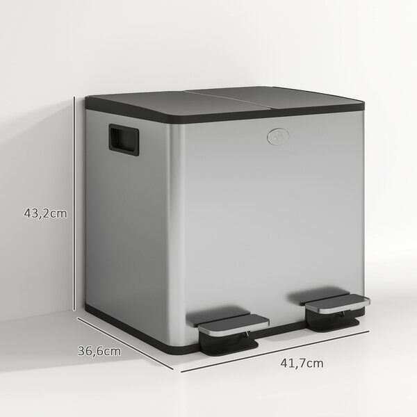 HOMCOM Kuchyňský Odpadkový Koš s 2 Přihrádkami 2x15L Nerezová Ocel s Pedály, Tichá Víka a Odnímatelné Vložky pro Recyklaci Zbytků Potravin Stříbrný |