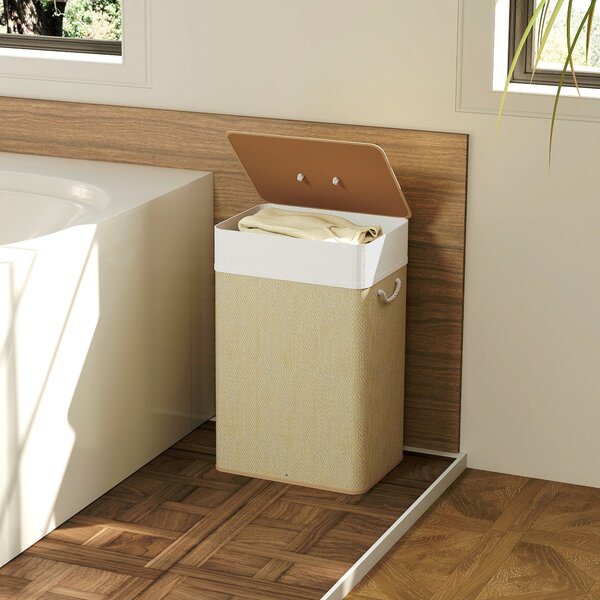 HOMCOM Koš na prádlo s víkem 72L, bambusový koš na prádlo s odnímatelnou vnitřní taškou a úchyty do prádelny, ložnice 40x30x60 cm Přírodní | Aosom