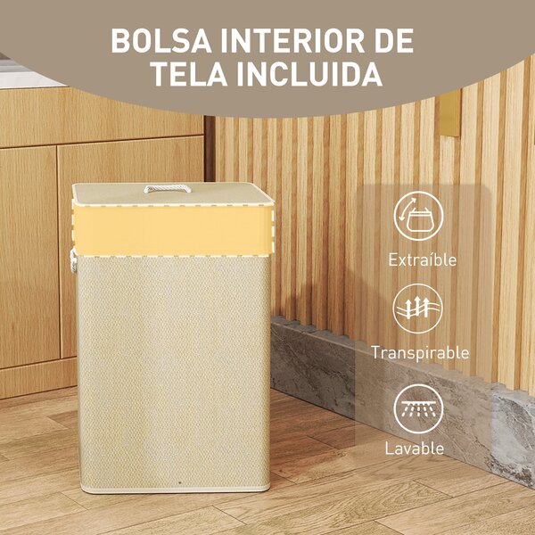 HOMCOM Koš na prádlo s víkem 72L, bambusový koš na prádlo s odnímatelnou vnitřní taškou a úchyty do prádelny, ložnice 40x30x60 cm Přírodní | Aosom