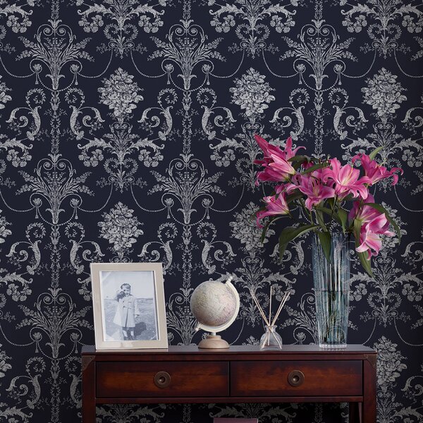 Zámecká vliesová tapeta na zeď, modrá, ornamenty 113386, Laura Ashley Signature