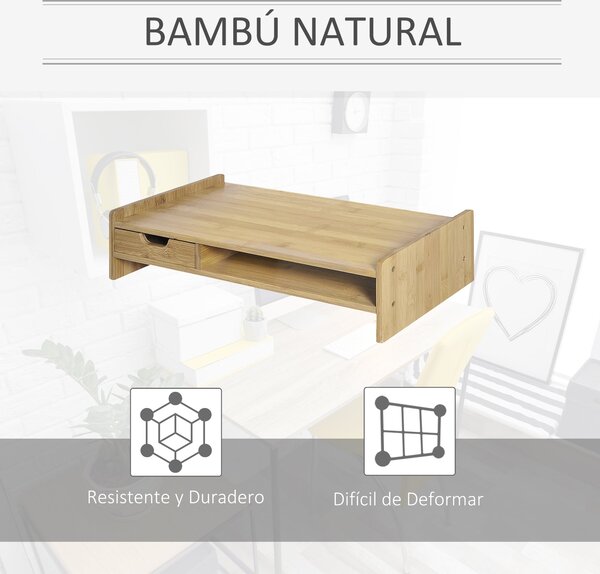 HOMCOM Stojan na monitor z bambusu - Organizér na stůl pro počítačové a přenosné obrazovky 49x25,5x11,5 cm | Aosom