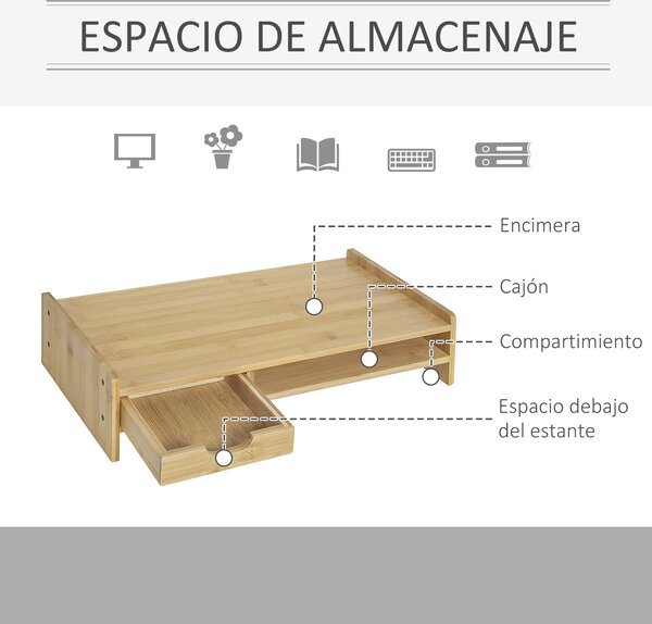HOMCOM Stojan na monitor z bambusu - Organizér na stůl pro počítačové a přenosné obrazovky 49x25,5x11,5 cm | Aosom