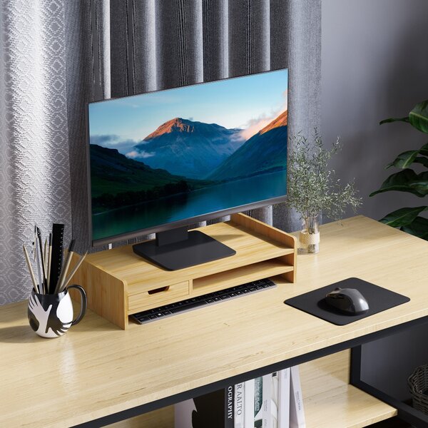 HOMCOM Stojan na monitor z bambusu - Organizér na stůl pro počítačové a přenosné obrazovky 49x25,5x11,5 cm | Aosom