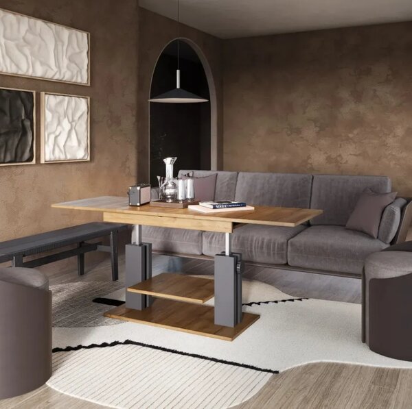 Szynaka Výškově nastavitelný rozkládací konferenční stolek Moduvo 120/170 cm dub Halifax/černý