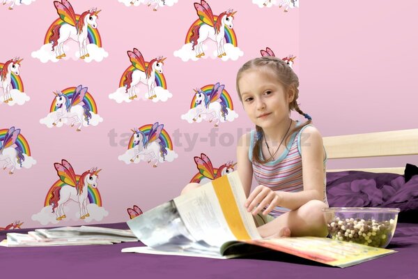 Papírové tapety na zeď IMPOL L53403 (309958), Unicorn s duhou na růžovém podkladu, rozměr 10,05 m x 0,53 m, Ugépa