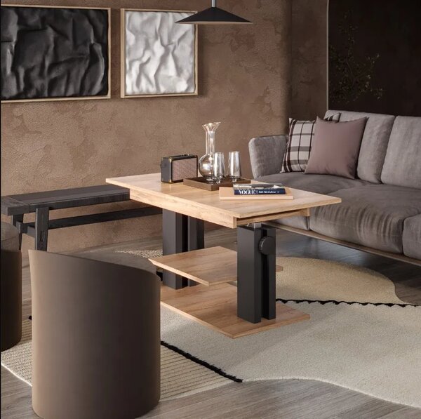 Szynaka Výškově nastavitelný rozkládací konferenční stolek Moduvo 120/170 cm dub Halifax/černý