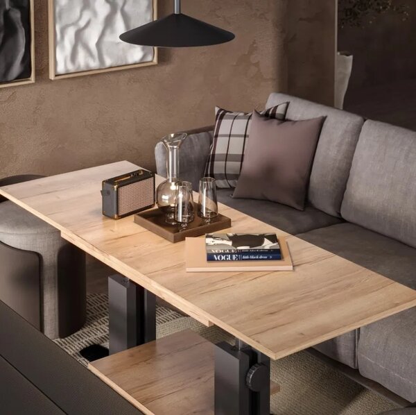 Szynaka Výškově nastavitelný rozkládací konferenční stolek Moduvo 120/170 cm dub Halifax/černý