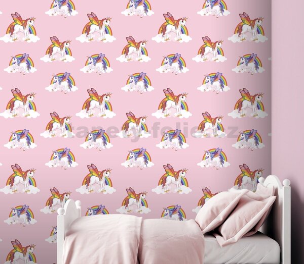 Papírové tapety na zeď IMPOL L53403 (309958), Unicorn s duhou na růžovém podkladu, rozměr 10,05 m x 0,53 m, Ugépa
