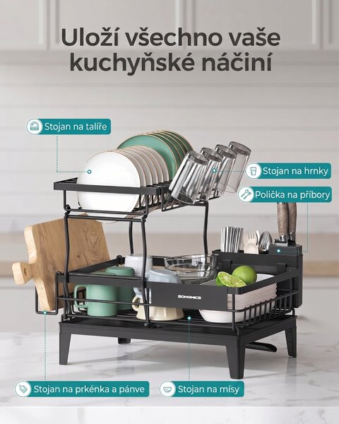 SONGMICS Dvoupatrový odkapávač na nádobí Barny černý