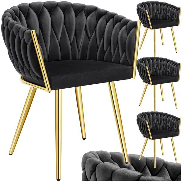Tectake Set jídelních židlí Astano samet, uzlový design - černá/zlatá, Sada 4 kusů