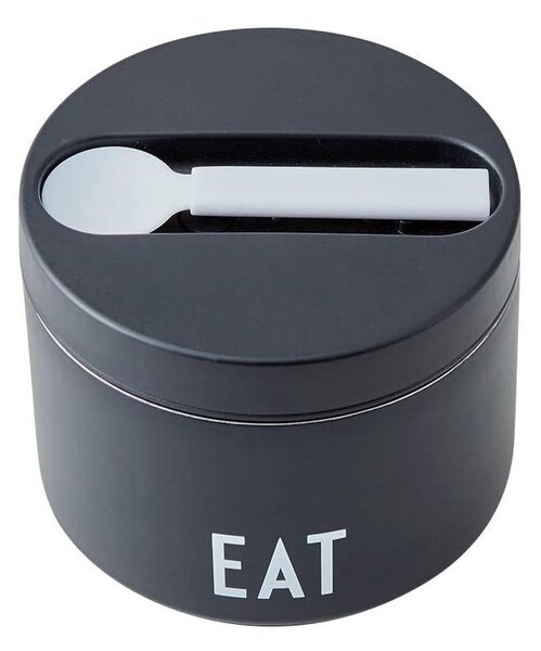 Černý svačinový termo box s lžící Design Letters Eat, výška 9 cm