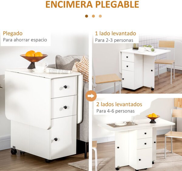 Skládací jídelní stůl HOMCOM s kolečky, skládacími křídlovými deskami, šuplíky a skříňkou pro 4-6 osob 120x60x76,5 cm Bílý | Aosom