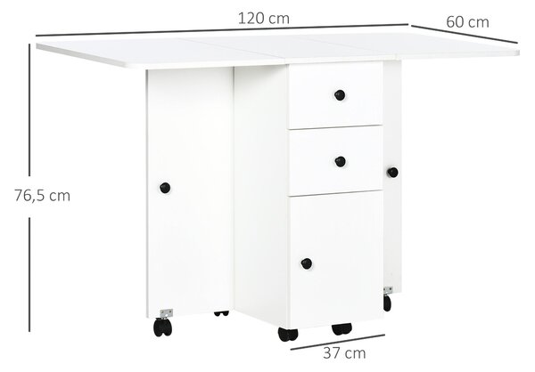 Skládací jídelní stůl HOMCOM s kolečky, skládacími křídlovými deskami, šuplíky a skříňkou pro 4-6 osob 120x60x76,5 cm Bílý | Aosom