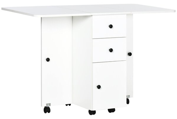 Skládací jídelní stůl HOMCOM s kolečky, skládacími křídlovými deskami, šuplíky a skříňkou pro 4-6 osob 120x60x76,5 cm Bílý | Aosom