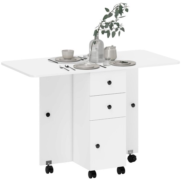 Skládací jídelní stůl HOMCOM s kolečky, skládacími křídlovými deskami, šuplíky a skříňkou pro 4-6 osob 120x60x76,5 cm Bílý | Aosom