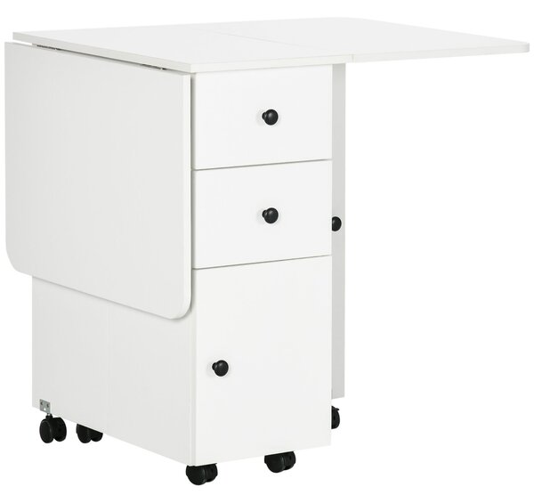 Skládací jídelní stůl HOMCOM s kolečky, skládacími křídlovými deskami, šuplíky a skříňkou pro 4-6 osob 120x60x76,5 cm Bílý | Aosom