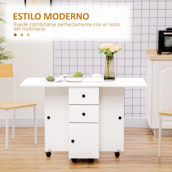 Skládací jídelní stůl HOMCOM s kolečky, skládacími křídlovými deskami, šuplíky a skříňkou pro 4-6 osob 120x60x76,5 cm Bílý | Aosom