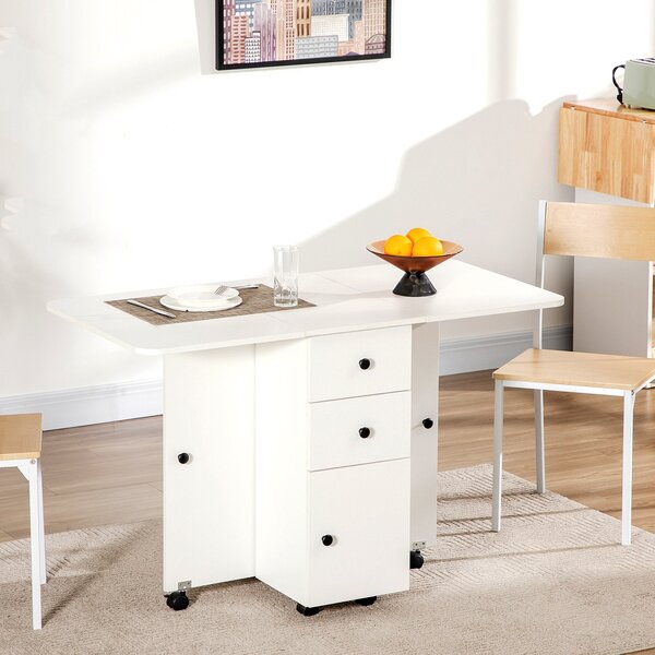 Skládací jídelní stůl HOMCOM s kolečky, skládacími křídlovými deskami, šuplíky a skříňkou pro 4-6 osob 120x60x76,5 cm Bílý | Aosom