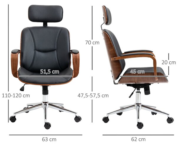 Ergonomická kancelářská židle Vinsetto s otočnou deskou a PU koženým potahem, s odnímatelným opěradlem, nastavitelnou výškou a naklápěcí funkcí 63x62x