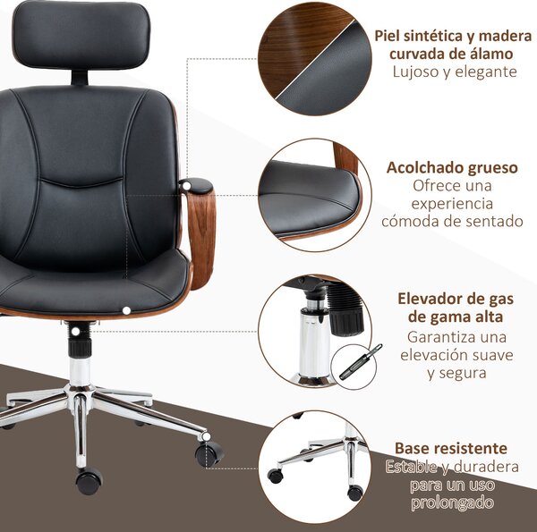 Ergonomická kancelářská židle Vinsetto s otočnou deskou a PU koženým potahem, s odnímatelným opěradlem, nastavitelnou výškou a naklápěcí funkcí 63x62x