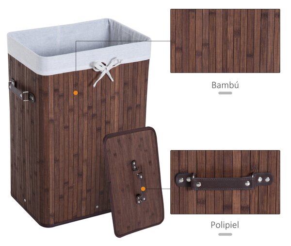 HOMCOM Skládací koš na prádlo z bambusu s víkem, rukojeťmi a odnímatelnou taškou do koupelny 40x30x60 cm Hnědá | Aosom