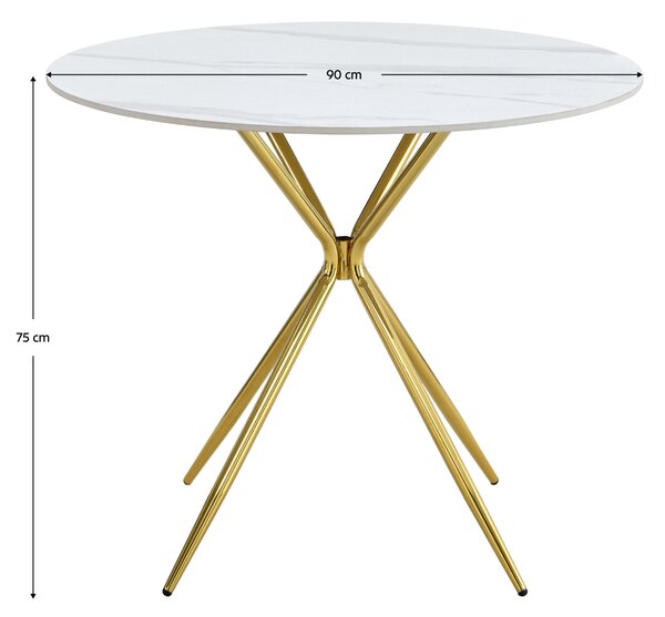 KONDELA Jídelní stůl, bílý mramor/gold chrom zlatá, průměr 90 cm, MEKNER