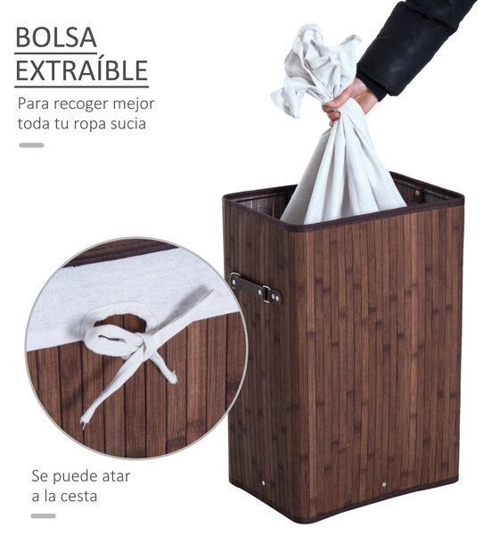 HOMCOM Skládací koš na prádlo z bambusu s víkem, rukojeťmi a odnímatelnou taškou do koupelny 40x30x60 cm Hnědá | Aosom