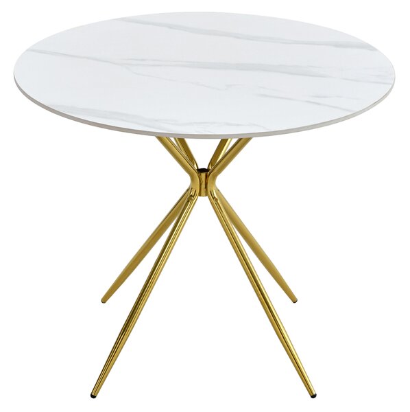 KONDELA Jídelní stůl, bílý mramor/gold chrom zlatá, průměr 90 cm, MEKNER