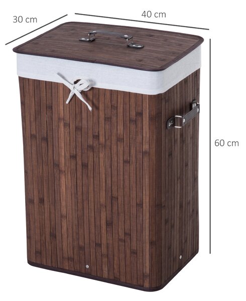 HOMCOM Skládací koš na prádlo z bambusu s víkem, rukojeťmi a odnímatelnou taškou do koupelny 40x30x60 cm Hnědá | Aosom