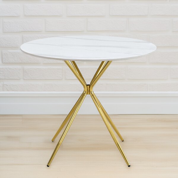 KONDELA Jídelní stůl, bílý mramor/gold chrom zlatá, průměr 90 cm, MEKNER