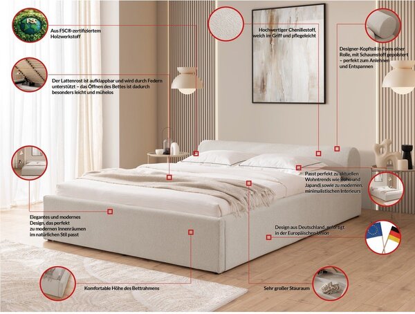 Béžová čalouněná dvoulůžková postel s úložným prostorem s roštem 180x200 cm Cille – Ropez