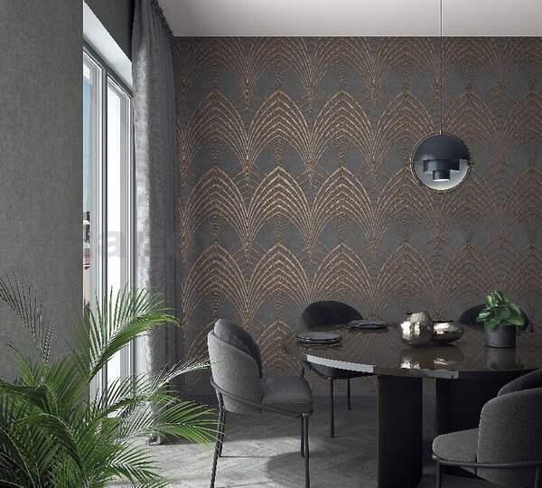 Vliesové tapety na zeď IMPOL Modernista 32256, Art Deco bronzová na šedém podkladu, rozměr 10,05 m x 0,53 m, Marburg
