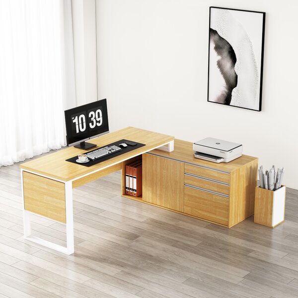 Rohový kancelářský stůl s komodou Houseland Nuvia Home 04 194 cm dub/bílý
