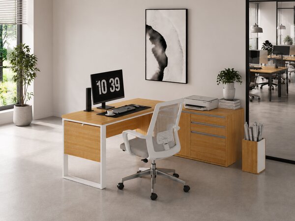Rohový kancelářský stůl s komodou Houseland Nuvia Home 04 194 cm dub/bílý