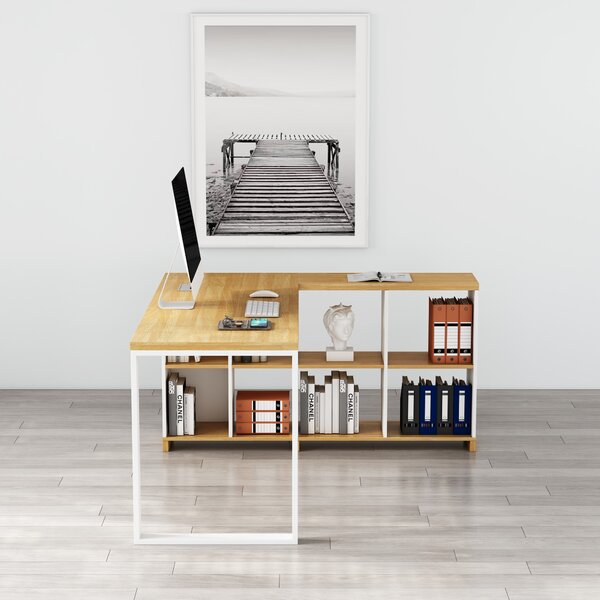 Rohový kancelářský stůl s regálem Houseland Nuvia Home 02 160 cm dub/bílý