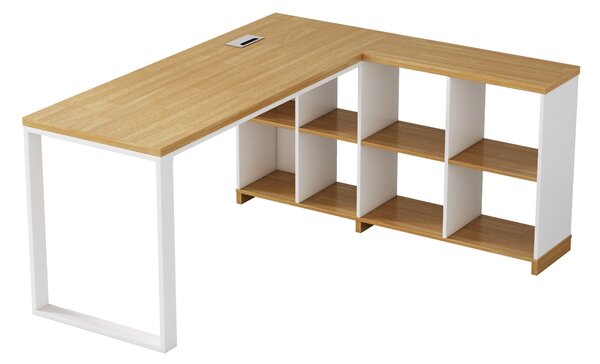 Rohový kancelářský stůl s regálem Houseland Nuvia Home 02 160 cm dub/bílý