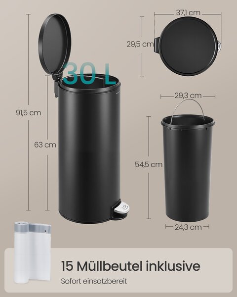 SONGMICS Odpadkový koš kulatý pedálový plastový vnitřní kbelík s měkkým zavíráním 30 l černá